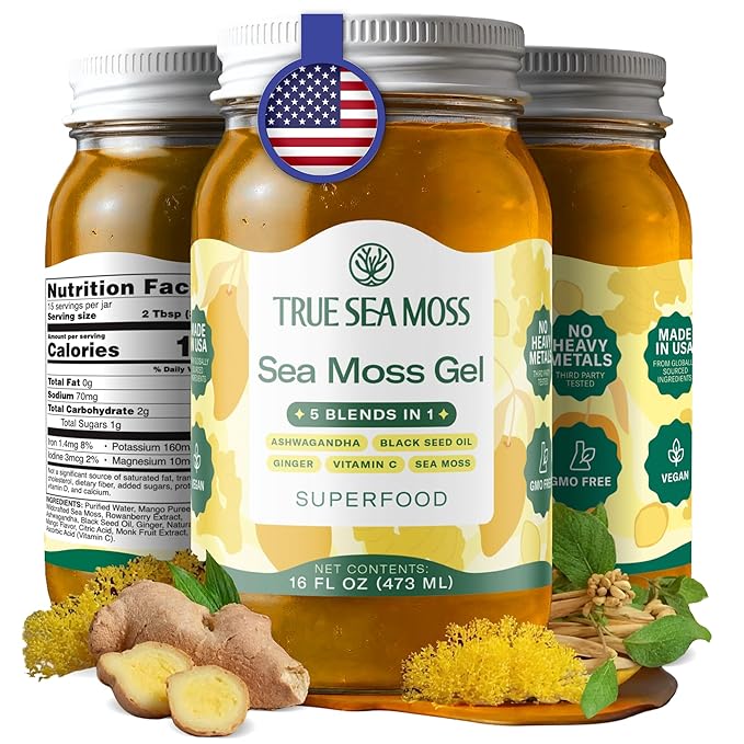 TrueSeaMoss Sea Moss Gel – Made in USA – 5-in-1 Formula – Wildcrafted Seamoss Ashwagandha &amp Jarred Vegetables – Ashwagandha Pack of 1 (Labels may Vary)