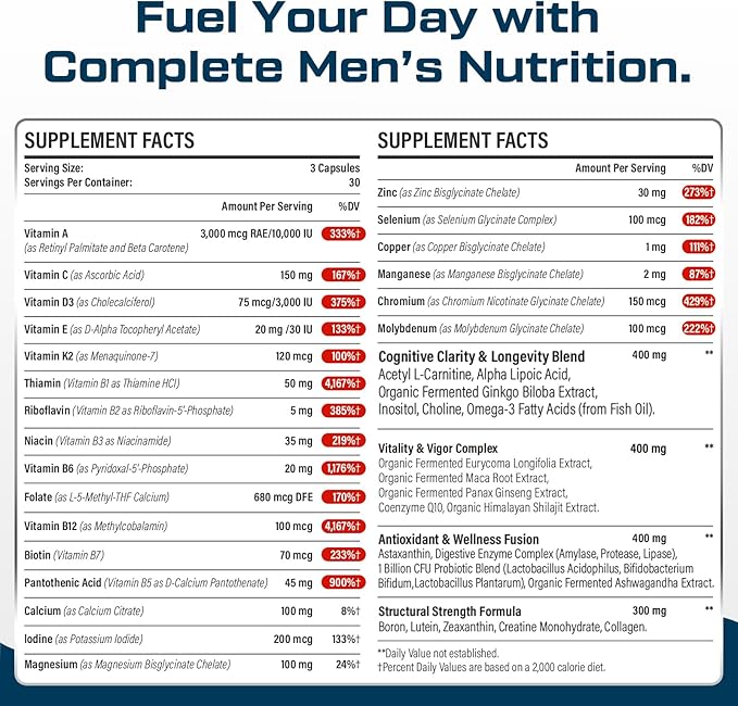 Multivitamin for Men 50+ with Methylated B12 &amp Folate Omega-3 &amp CoQ10 – Fermented Herbal Blend 43 Vitamins &amp Minerals – Supports Brain &amp Memory and Immune Health - 90 Capsules