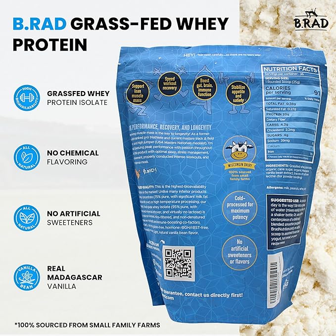 B.rad Grass Fed Whey Protein Isolate | Ultra-Pure All-Natural Clean Ingredients | 2 Pounds | 100% USA Sourced | Vanilla Bean