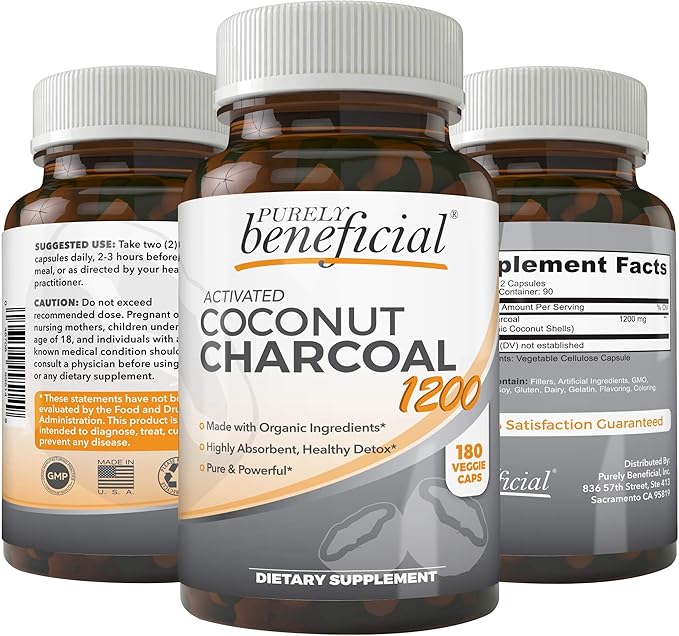 PURELY beneficial Activated Coconut Charcoal 1200mg 180 Capsules - Pills for Digestive System Bloating Vegan (1bottle)