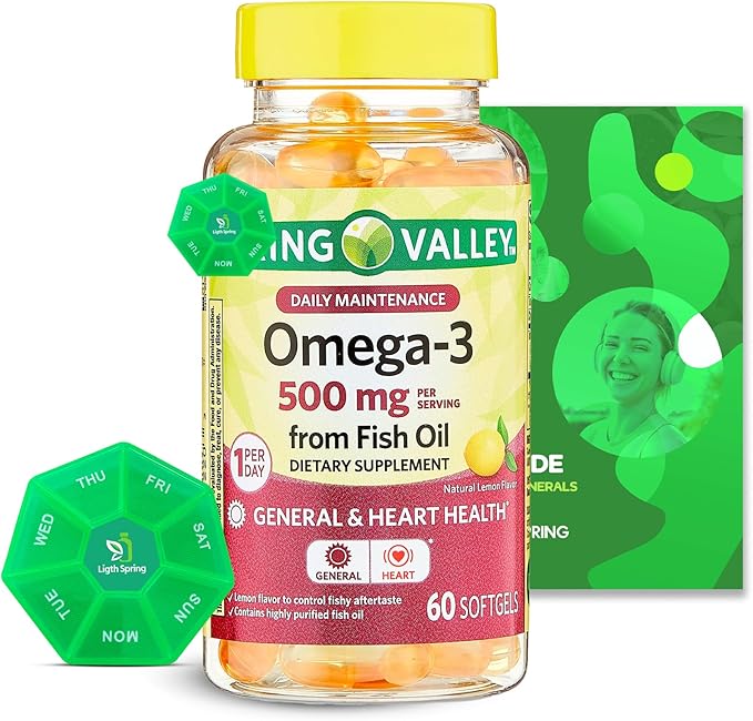 Omega-3 Fish Oil 500 mg 60 Softgels with Bundle Exclusive Vitamins &amp Minerals - A to Z - Better Ligth&ampSpring Guide