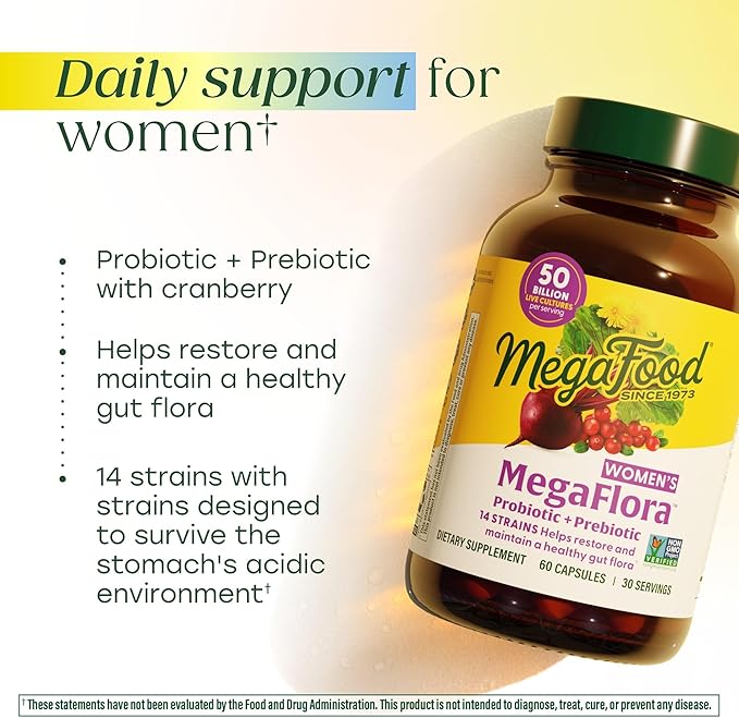 MegaFood MegaFlora Probiotics and Prebiotics for Women with 14 Strains &amp 50 Billion CFUs Cranberry Digestive Health Vegetarian Prebiotics and Probiotics for Women - 60 Capsules (30 Servings)