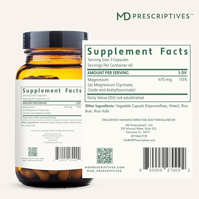 MD Prescriptives - Magnesium MD - Highly Absorbable Dietary Magnesium Supplement with Glycinate &amp Acetyl Taurinate - 120 Capsules