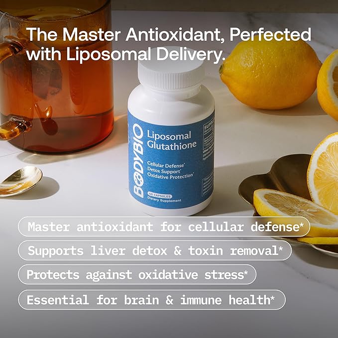 Bodybio Liposomal Glutathione | Body’s Most Powerful Antioxidant | Master Detoxification | Colon Cleanse| Optimal Cell Protection for Immune Defense | Enhanced Liposomal Absorption | 60 Capsules