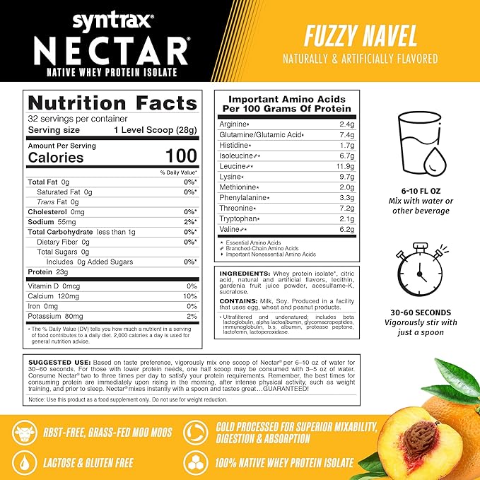 Syntrax Nutrition Nectar 100% Whey Protein Isolate Powder Refreshing Fruit Flavor Fuzzy Navel 2 lbs