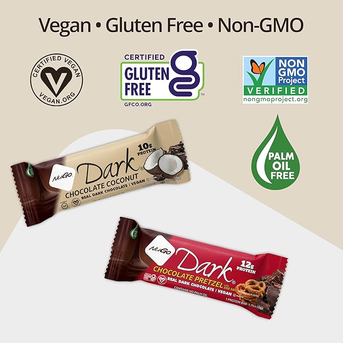 NuGo Dark Chocolate Peanut Butter Cup 12g Protein Bar Vegan Gluten Free Non-GMO Kosher Pareve 12 Count