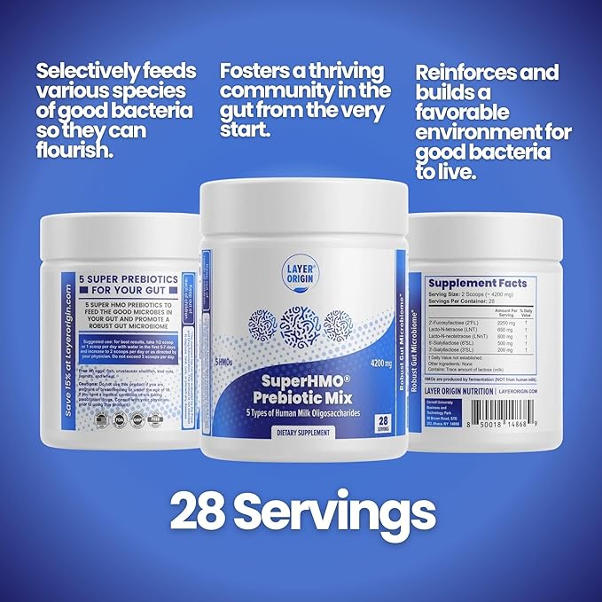Layer Origin SuperHMO Prebiotic Mix with 5-HMO Prebiotic Fiber for Gut Digestion Brain Health - Powder 28 Servings