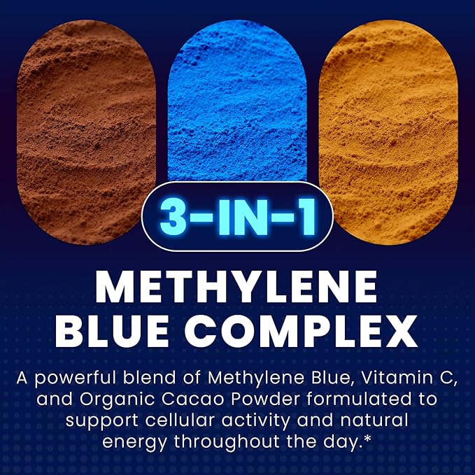 Methylene Blue Capsules 30mg USP Pharma Grade Methylene Blue Supplement with Vitamin C &amp Organic Cacao High Absorption Support - 60 Capsules