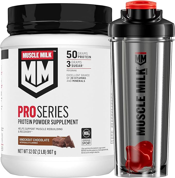 Bundle of Muscle Milk Pro Series Protein Powder SupplementKnockout Chocolate2 Pound11 Servings50g Protein3g Sugar + Muscle Milk Blender Bottle 24 Oz