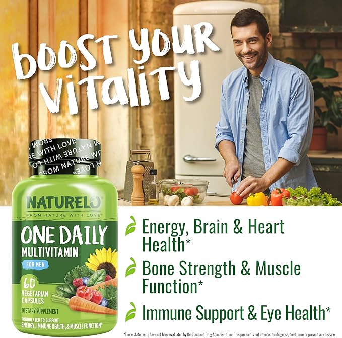 NATURELO One Daily Multivitamin for Men with Vitamins Minerals &amp Organic Whole Foods - 60 Capsules and Magnesium Glycinate Chelate Complex - 120 Capsules Bundle