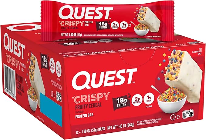 Quest Nutrition Crispy Protein Bar Fruity Cereal Flavor 18g Protein 1g Sugar 2g Net Carbs Low Sugar 12 Count