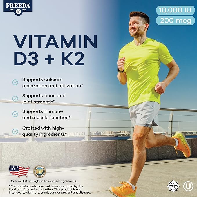FREEDA Vitamin D3 with K2 Vitamin 10000 IU (250 mcg) + 200 mcg MK7 – High Potency VIT D3 K2 Supplement 10000IU for Bone &amp Joint Support – Supports Calcium Absorption – Made in USA (90 Tablets)
