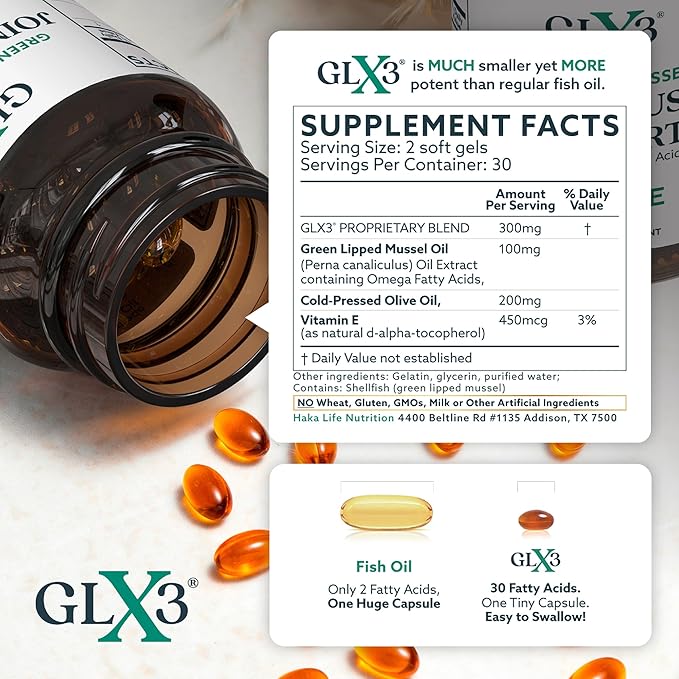 GLX3 Extra Strength Green Lipped Mussel Oil Capsules - Long-Lasting Joint Comfort Supplement - Support for Aches Soreness - Naturally Rich in Omega 3 &amp Chondroitin Sulfate 180 Tablets