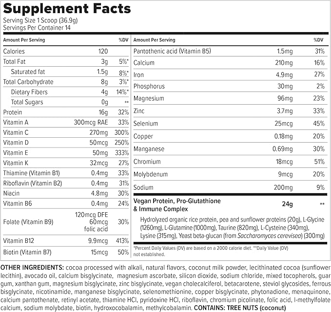 Essential Nutrition - Immuno Vegan - Plant-Based Protein Powder 16g Protein Per Serving Added Amino Acids &amp Multivitamin - Beta Glucan Glutathione Production - Chocolate - 18.2oz