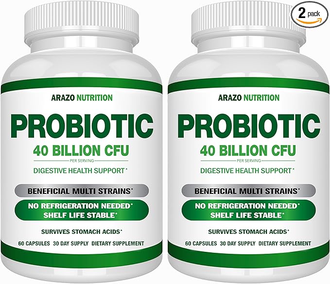 Arazo Nutrition Probiotic 40 Billion CFU - Shelf Stable with Prebiotics and Acidophilus - Stable Potency Until Expiration – Time Delay Release Probiotics (Pack of 2)