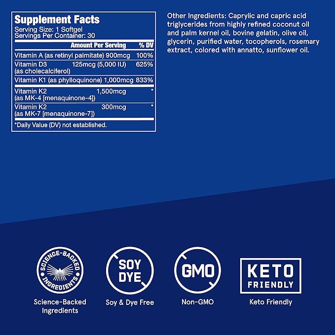 Bulletproof Vitamins A-D-K Softgels 30 Count Supplement for Heart Bone Health and Immune Support