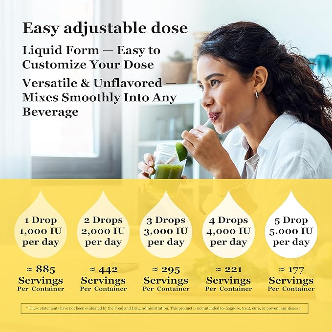 Liquid Vitamin D3 Drops 5000 IU – Fast Absorption – Vegetarian Non-GMO Kosher – Unflavored – 1 Ounce