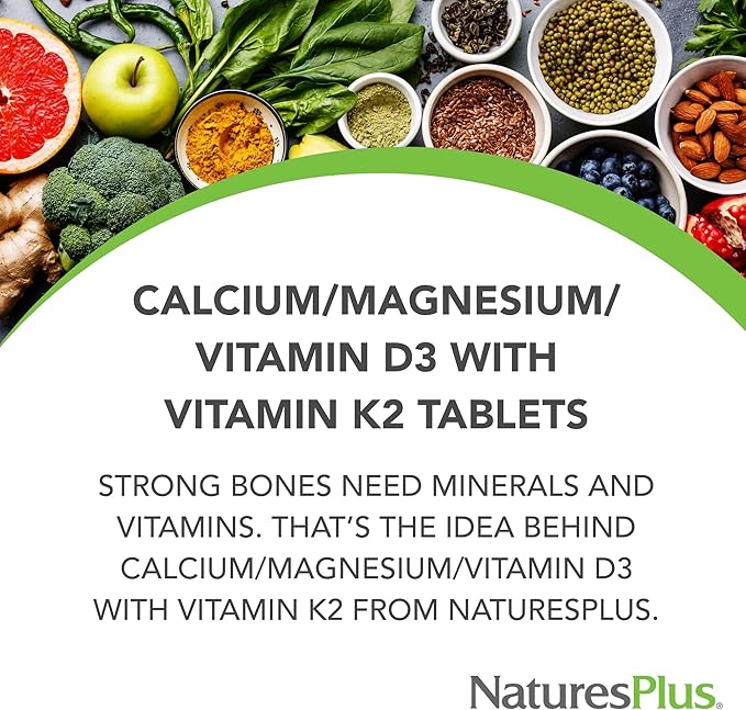 NaturesPlus Calcium/Magnesium/Vitamin D3 with Vitamin K2 - Supports Bone &amp Immune Health - Vegetarian Gluten Free - 180 Tablets - 45 Servings
