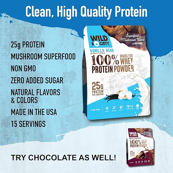 WILD SOCIETY - Premium 100% Grass Fed Whey Protein Powder + Superfood Mushrooms &amp Adaptogens - 25g Protein Clean Protein Powder 0 Added Sugar Non GMO Gluten Free - Vanilla Bean 17.5 oz