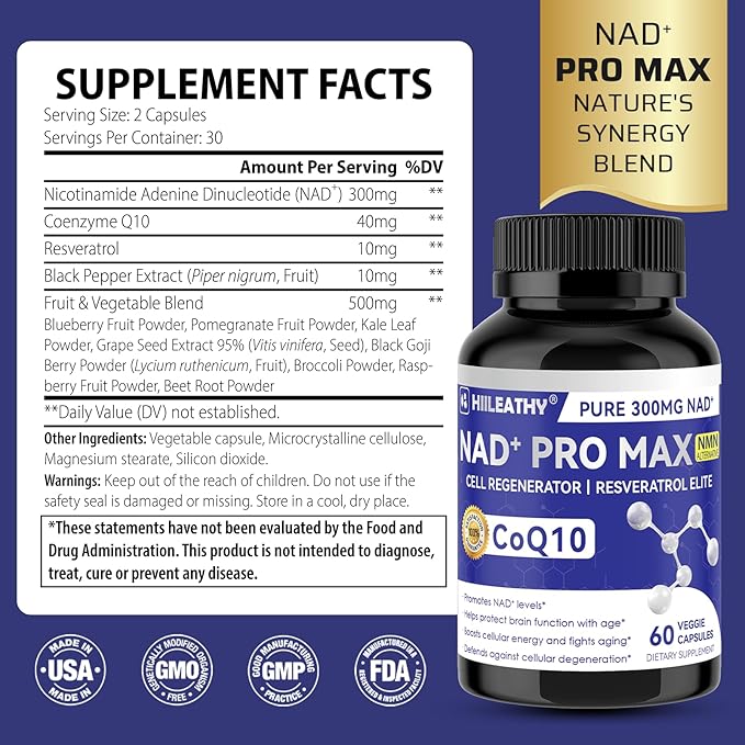 NAD+ Supplement for Men and Women with Resveratrol and CoQ10 Promotes Cell Regeneration and Anti-Aging American-Made NAD+ 60 Capsules