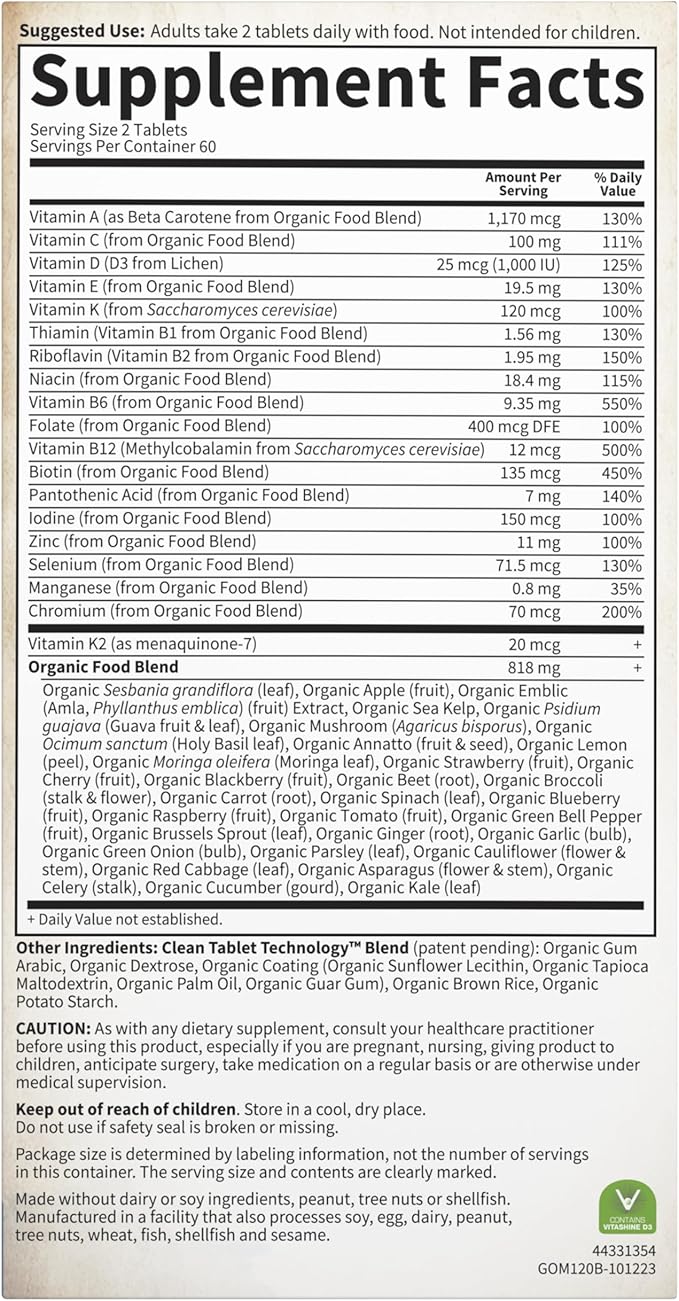 Garden of Life Organics Whole Food Multivitamin for Men 120 Tablets Vegan Mens Vitamins and Minerals for Health and Well-Being Certified Organic Vegan Multi