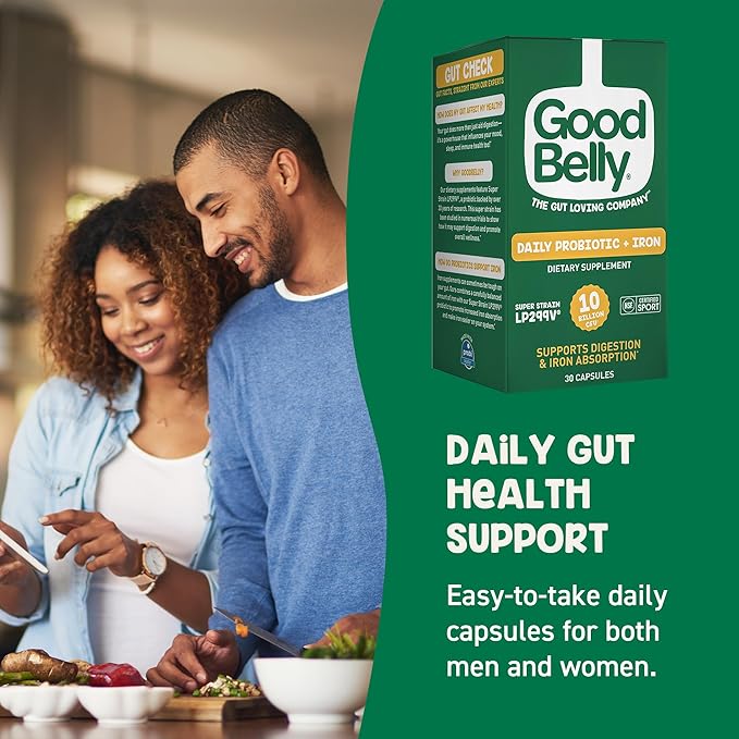 GoodBelly Probiotic Capsules for Digestive Health &amp Iron Absorption | Vegan Probiotic Supplement with 10 Billion Live Cultures | Probiotics for Women &amp Men | 30 Capsules