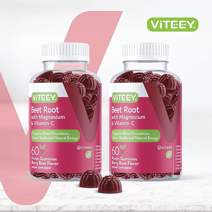 Viteey Beet Root Gummies with Magnesium &amp Vitamin C - Beetroot Supplement for Heart Health Blood Pressure Support - Vegan Gluten-Free - 120 Count