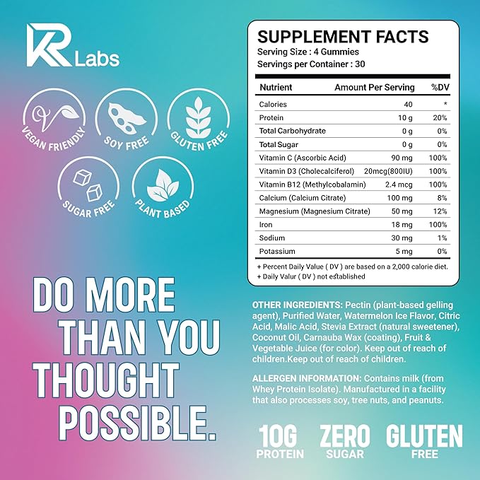 Zero Carb 100% Clear Whey Isolate Protein Gummies + Electrolyte | 300g Total Protein per Bag | Plant Based Ingredients with Vitamins for Men &amp Women Gluten Free Non-GMO | Watermelon |120 Count
