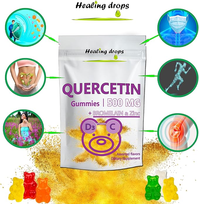 Quercetin with Bromelain Gummies - Vitamin C + Zinc + Vitamin D3 - Quercetin 500mg Gummies for Kids and Adults (2 Packs)