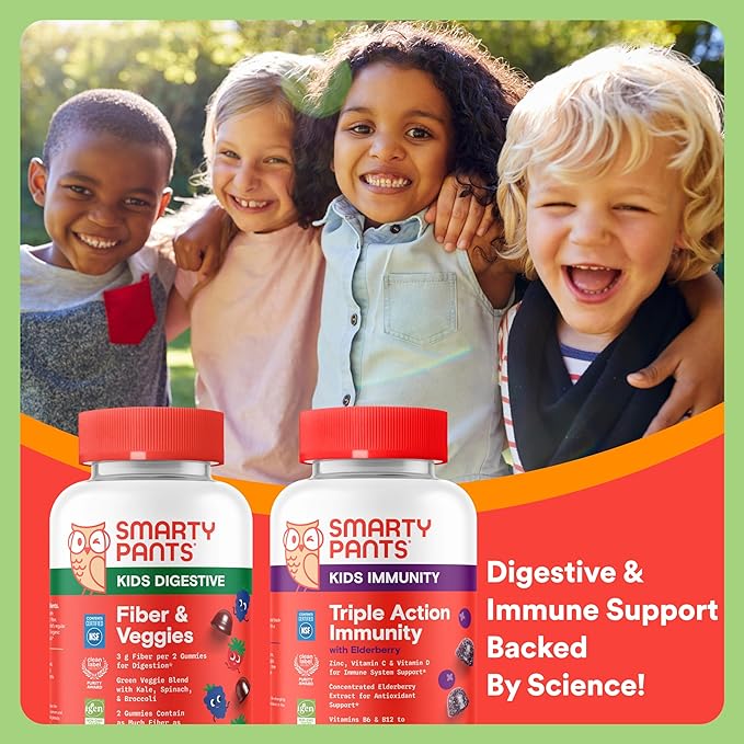 SmartyPants Kids Digestive &amp Immune Support Bundle: Fiber &amp Veggies + Elderberry Gummies with Prebiotic Fiber Vitamins C D3 B12 &amp Zinc – Gluten Free Non-GMO 60 Count Each (Pack of 2)