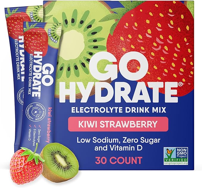 GoHydrate Instant Hydration Powder Packets - Low Sodium Electrolytes Drink Mix - Natural Hydration Support Sugar Free Electrolyte Flavored Powder Drink with Vitamin D 30 Packs Kiwi Strawberry
