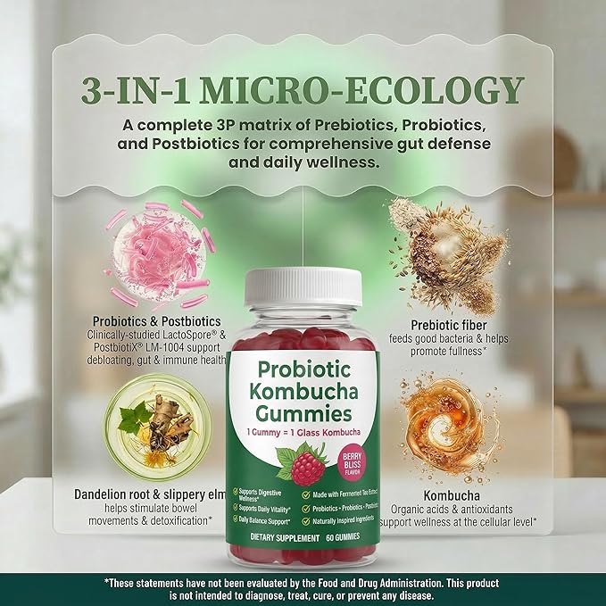 Kombucha Probiotic Gummies with Prebiotics &amp Postbiotics for On-the-Go Gut Balance Kombucha Inspired Digestive Support Berry Flavor 60 Gummies