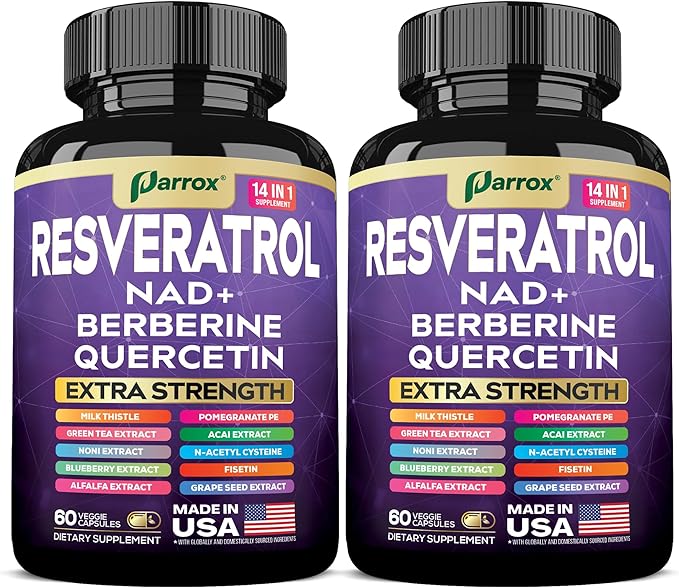 Resveratrol Supplement with Milk Thistle NAD Berberine Quercetin Fisetin Pomegranate Green Tea Noni Acai Blueberry Grape Seed Extracts N-Acetyl Cysteine 14-in-1 Extra Strength (120 Caps)