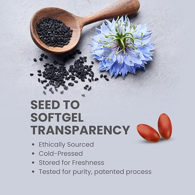Mood Support Supplement with Full-Spectrum Cold Pressed Black Seed Oil with 3% Thymoquinone | Stress Emotional Balance &amp Serotonin Support Brain Supplement for Men &amp Women 60 Softgels