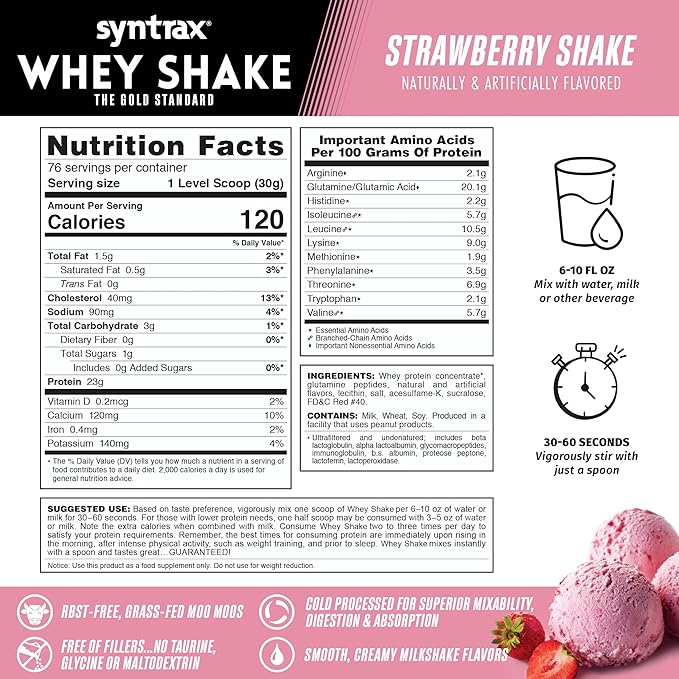 Syntrax Nutrition Whey Shake Cold Filtered &amp Undenatured Whey Protein Powder Blend Strawberry Shake 5 lbs