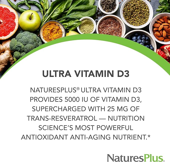 NaturesPlus Vitamin D3 Extended Release - 90 Vegan Tablets - 5000 IU + 25 mg Trans-Resveratrol - Heart &amp Bone Health Immune System Support Anti-Aging - Gluten Free - 90 Servings