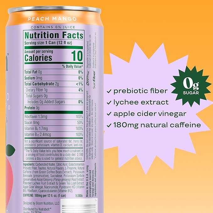 Bloom Nutrition Sparkling Energy Drink Peach Mango | Zero Sugar | 180mg Caffeine | For Focus | 24 Pack