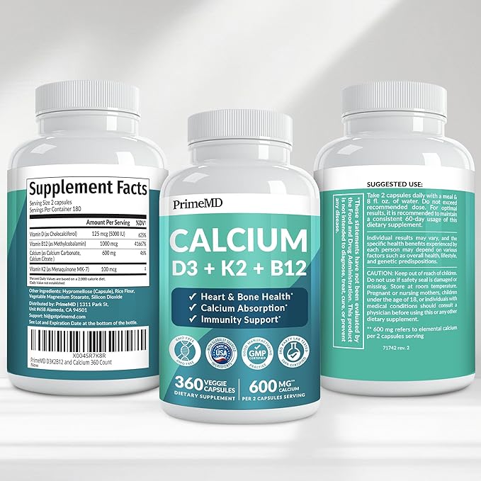 4-in-1 Calcium Supplements for Women and Men - Calcium with Vitamin D3 K2 5000 IU Supplement 601mg per Serving for Heart Bones &amp Body Defenses - Gluten-Free Vegan-Friendly (360 ct) (Pack of 1)