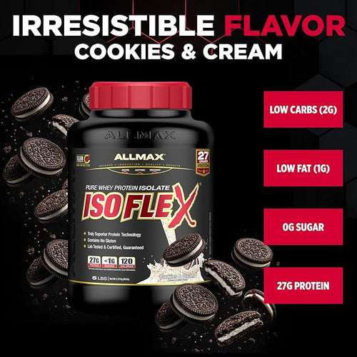 ALLMAX ISOFLEX Pure Whey Isolate Protein Powder - Gluten Free Low Lactose Sugar-Free - High-Protein Clean Keto-Friendly for Pre Post Workout Supplement for Women and Men | Cookies &amp Cream 5lb