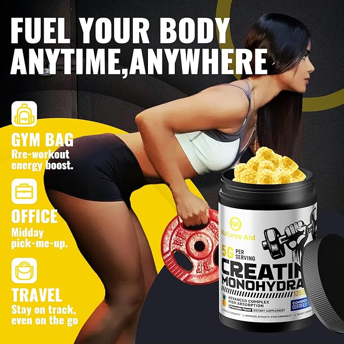 Natures Aid NSF Certified Creatine Gummy 5g - Creatine Monohydrate Gummies – Pre-Workout Energy &amp Muscle Growth Support for Men &amp Women | Pineapple Electrolyte Gummies (135 Count)