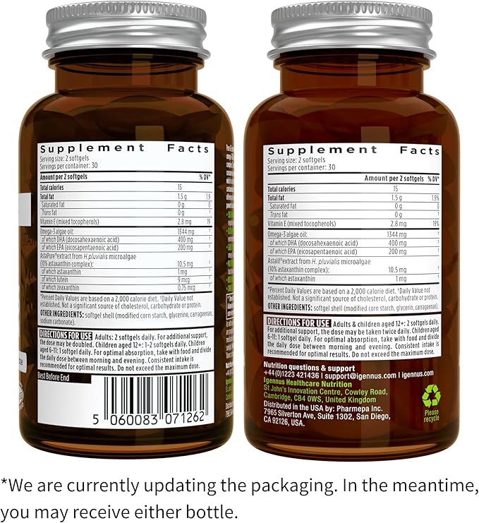 Vegan Omega-3 Algae Oil + Advanced Kids Multivitamin Gummy Bundle High Concentration DHA &amp EPA + Vitamin A B C D3 &amp E Clean Ingredients 60 Softgels + 90 Berry Flavor Gummies by Igennus