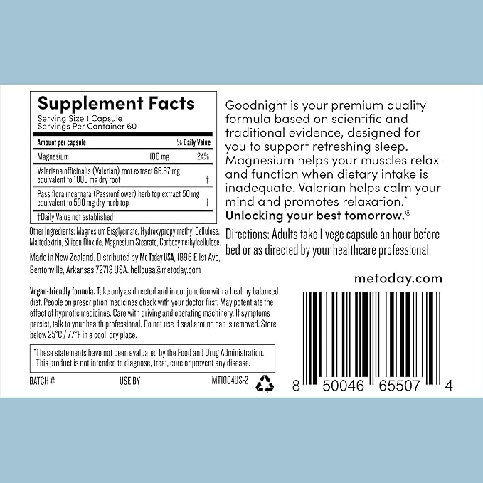 Me Today Goodnight Magnesium Sleep Aid Supplement –Supports Restful Sleep Calm &amp Relaxation – Vegan Magnesium for Muscle Relaxation &amp Calmness – 60 Servings