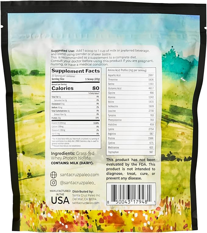 Santa Cruz Paleo Whey Protein Powder Unflavored 20 G Grass Fed Whey Protein Isolate Per Serving Gluten Free Paleo &amp Keto Friendly No Sugar Added Protein Shake Mix 20 Servings 0.97 lbs