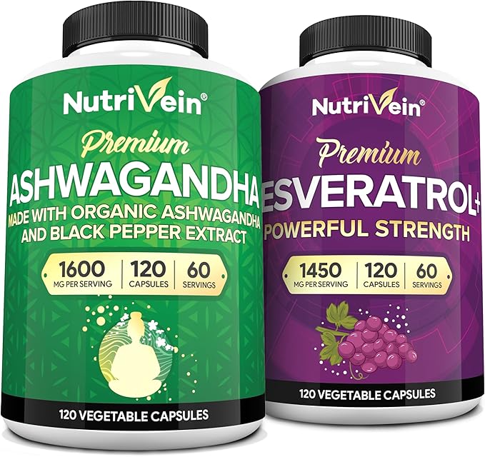 Nutrivein Premium Ashwagandha Capsules &amp Resveratrol Supplement Bundle: High-Absorption Resveratrol Capsules and Ashwagandha Supplements for Balance Vitality &amp Repair