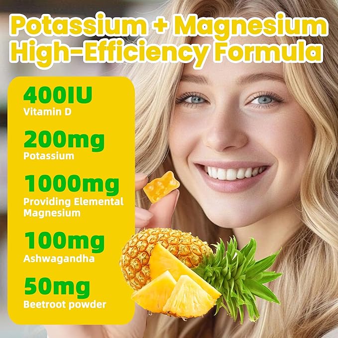 Potassium Magnesium GummiesHigh Absorption Magnesium GlycinateB6D3Potassium Citrate for Leg CrampsMuscleElectroyte for Adults KidsSugar-Free 120 Gummies (Pineapple)