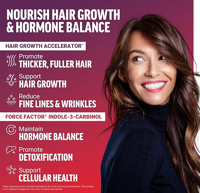 Force Factor Hair Growth Accelerator Multivitamin for Women &amp Men with Lustriva Biotin Horsetail &amp Vitamins A B12 C D &amp E for Thicker Hair Healthier Skin &amp Nails + Indole 3 Carb