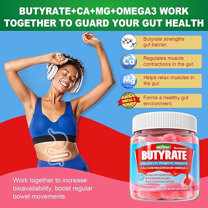Sugar-Free CoQ10 Filled Gummies + Butyrate Gummies with Probiotic + Prebiotic + Postbiotic