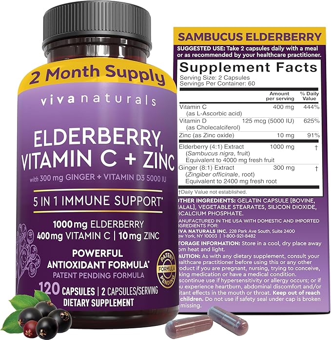 Viva Naturals Elderberry with Vitamin C and Zinc for Adults - 5 in 1 Sambucus Black Elderberry Capsules with Vitamin D3 5000 IU Immunity Supplement Sambucus Elderberry Immune Support Supplement