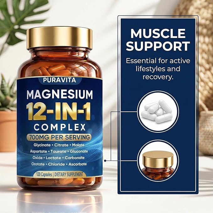 Puravita 12 in 1 Magnesium Complex Capsules - 700mg High Absorption Blend with Glycinate Citrate Malate Oxide &amp Taurate. Supports Muscle Function Nerve Health &amp Relaxation - 120 Capsules (