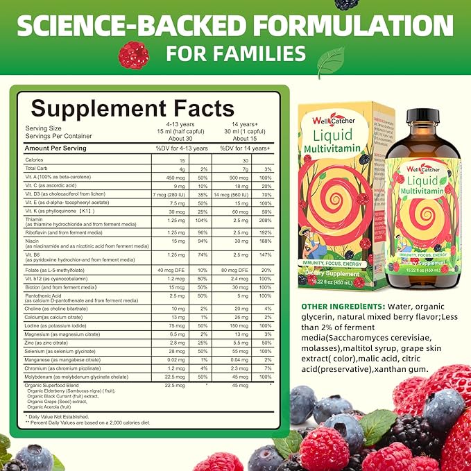Liquid Multivitamins for Women Men: Daily Multi Vitamins Mineral Supplements for Adults Kids Support Health Immune Focus Energy Hair Growth Bones Liquid Vitamins High Absorption with Measuring Cup